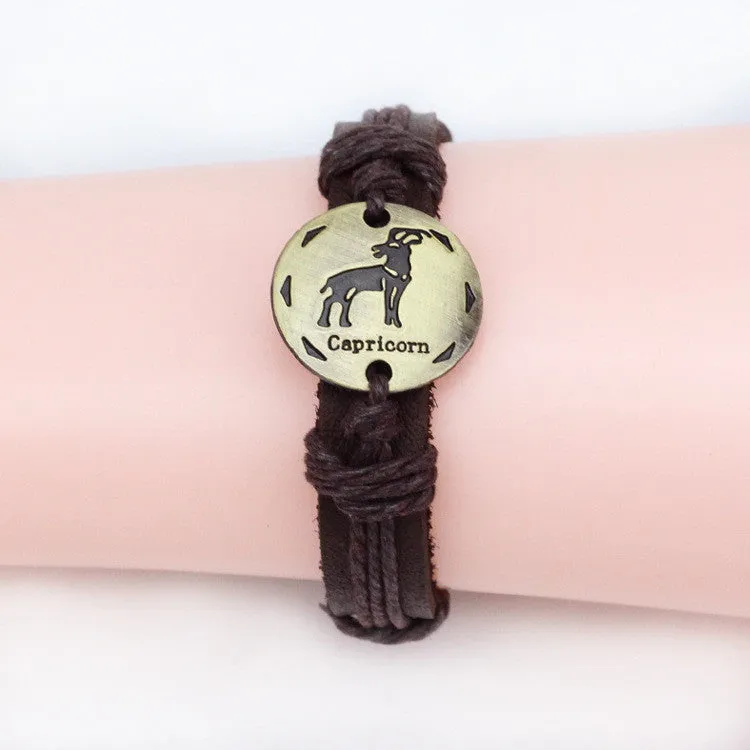 Fashion Zodiac Signs Leather Bracelet Constellations charm Bracelets Adjustable Bracelet Jewelry