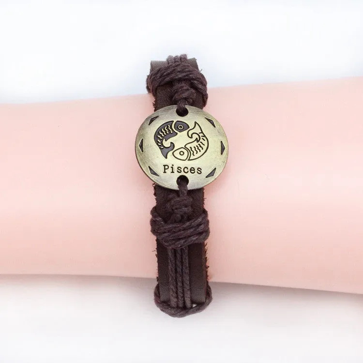 Fashion Zodiac Signs Leather Bracelet Constellations charm Bracelets Adjustable Bracelet Jewelry