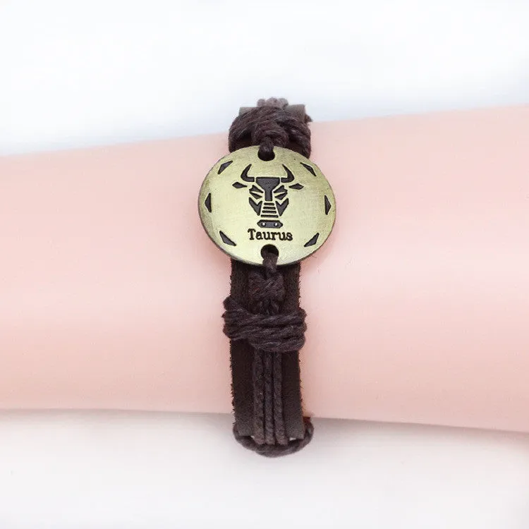 Fashion Zodiac Signs Leather Bracelet Constellations charm Bracelets Adjustable Bracelet Jewelry