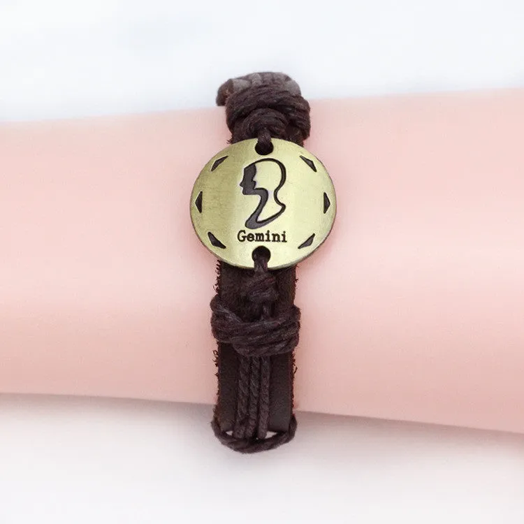 Fashion Zodiac Signs Leather Bracelet Constellations charm Bracelets Adjustable Bracelet Jewelry