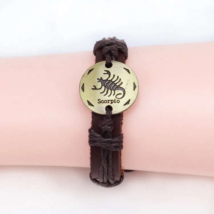 Fashion Zodiac Signs Leather Bracelet Constellations charm Bracelets Adjustable Bracelet Jewelry