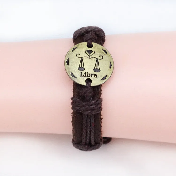 Fashion Zodiac Signs Leather Bracelet Constellations charm Bracelets Adjustable Bracelet Jewelry