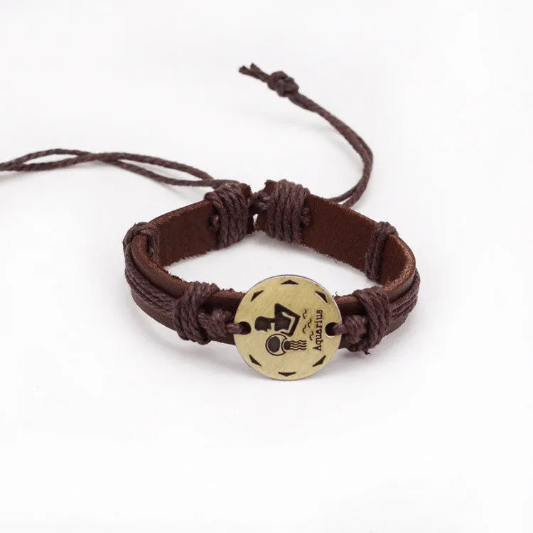 Fashion Zodiac Signs Leather Bracelet Constellations charm Bracelets Adjustable Bracelet Jewelry