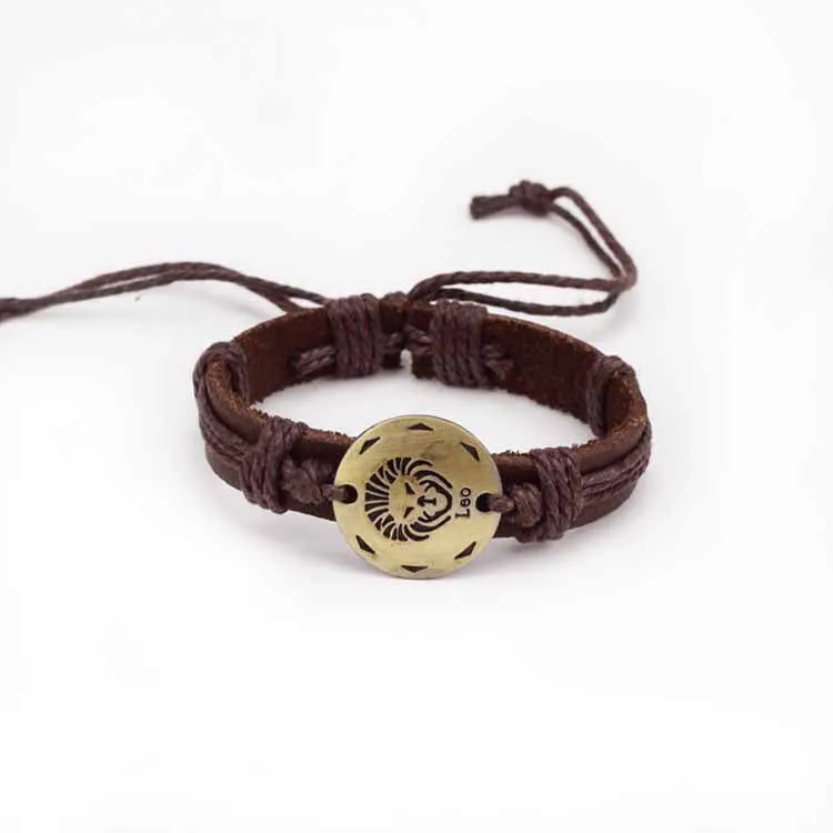 Fashion Zodiac Signs Leather Bracelet Constellations charm Bracelets Adjustable Bracelet Jewelry