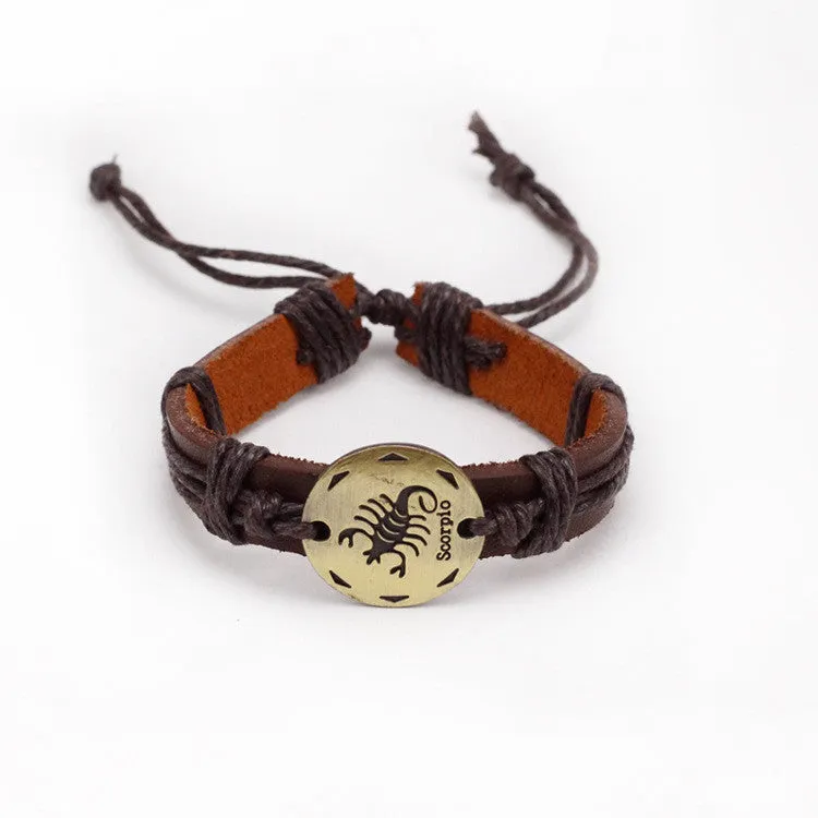 Fashion Zodiac Signs Leather Bracelet Constellations charm Bracelets Adjustable Bracelet Jewelry