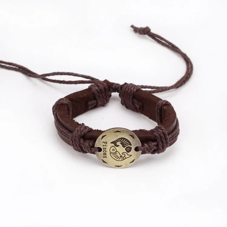 Fashion Zodiac Signs Leather Bracelet Constellations charm Bracelets Adjustable Bracelet Jewelry