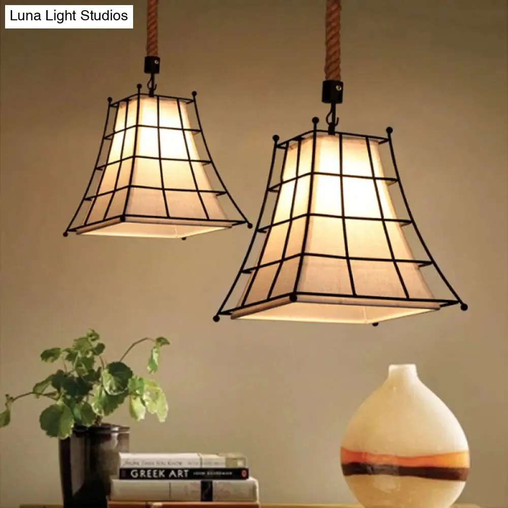 Flared Hanging Lamp with Fabric Shade - Wire Frame Rustic Suspension Light in Black