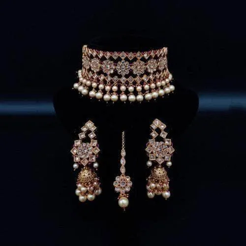 Flower Dual Pearl Choker Earring And Teeka Set