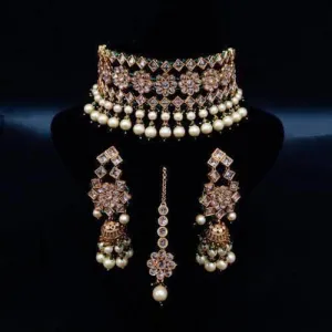 Flower Dual Pearl Choker Earring And Teeka Set