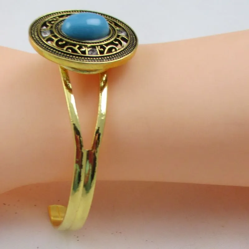 Gold Bangle Bracelet with Turquoise & Antique Gold