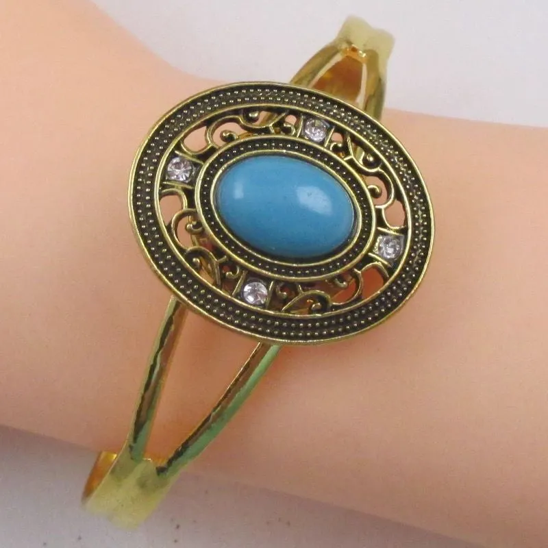 Gold Bangle Bracelet with Turquoise & Antique Gold