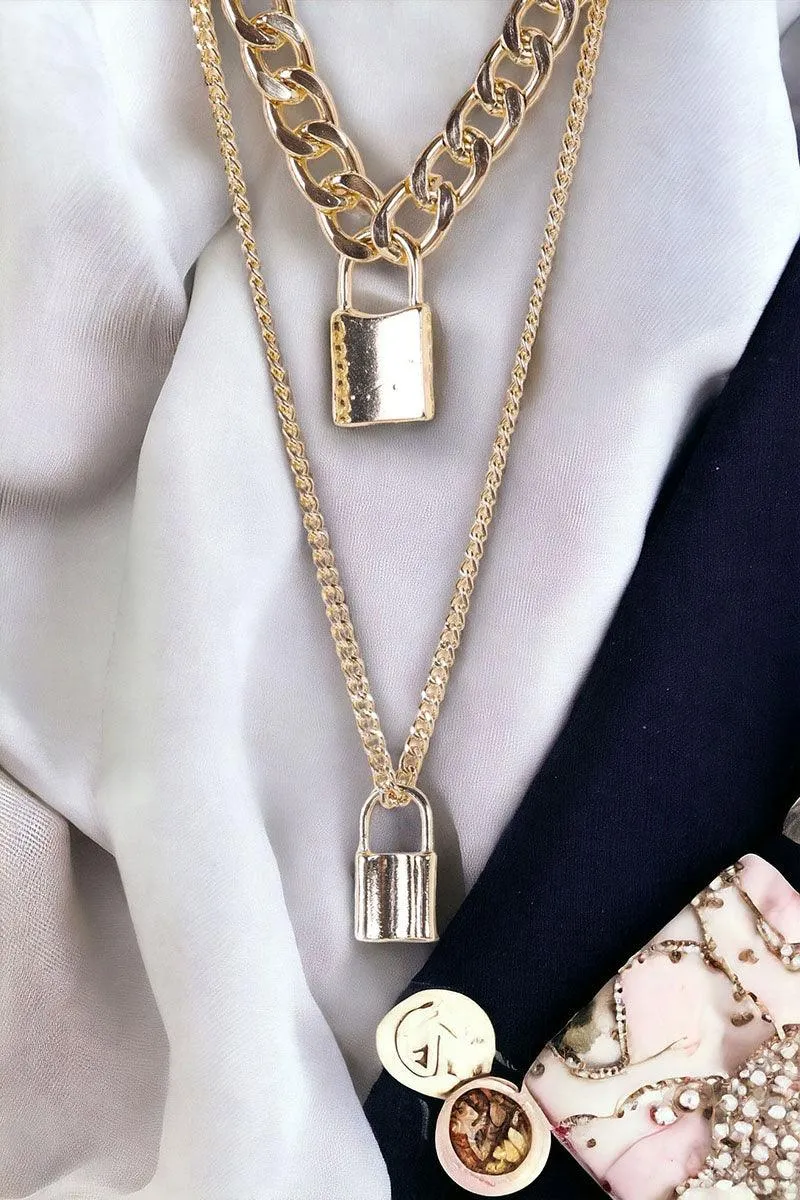 Gold Chunky & Link Chains Padlocks Set Necklace