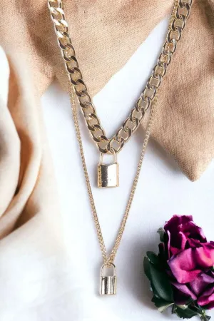 Gold Chunky & Link Chains Padlocks Set Necklace