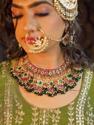 Gold Finish Pink And Green Kundan Polki Choker Necklace Set