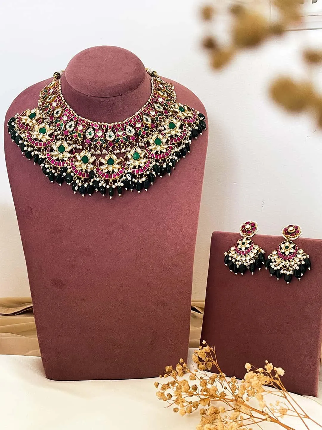 Gold Finish Pink And Green Kundan Polki Choker Necklace Set