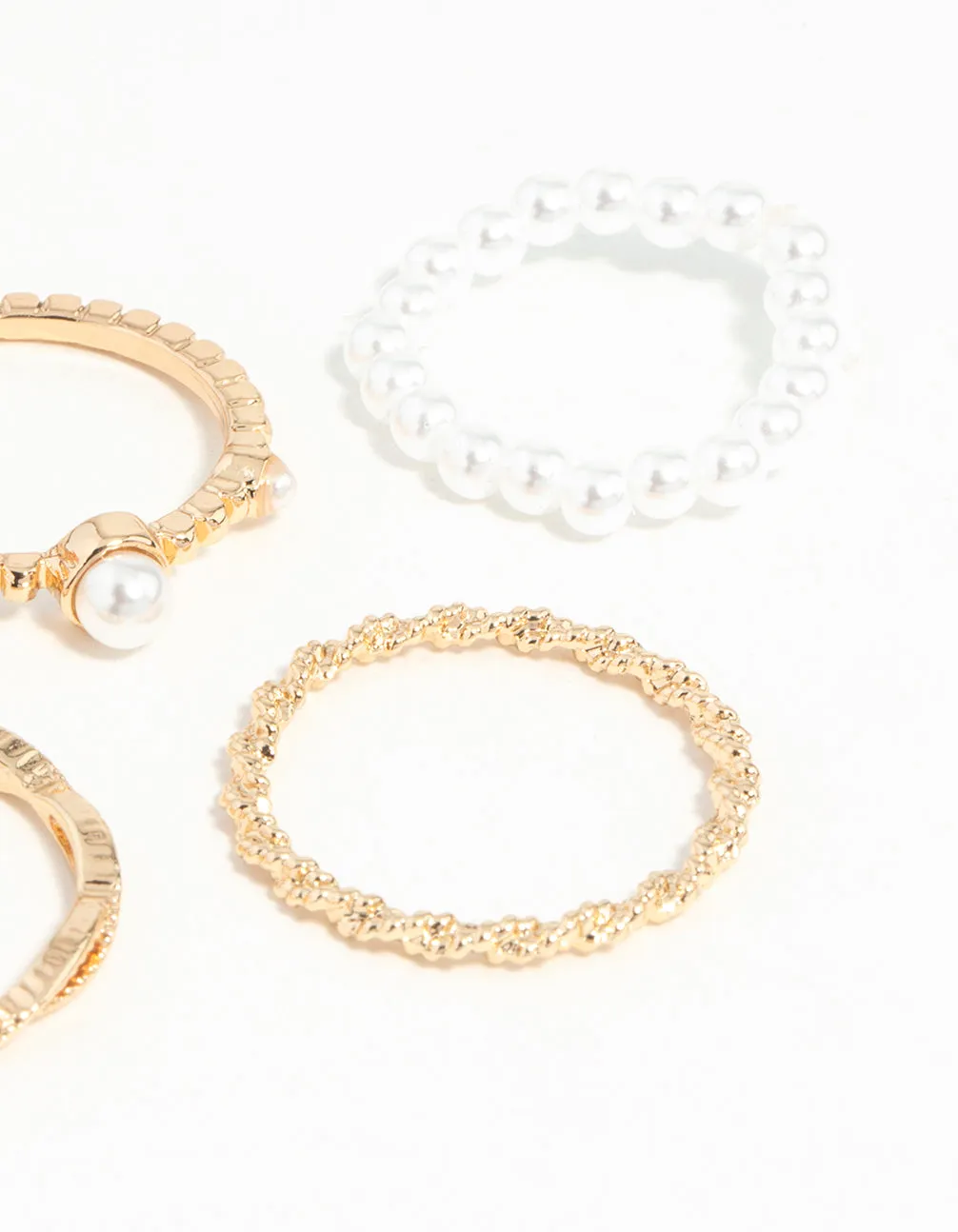 Gold Pearl & Twist Ring 5-Pack