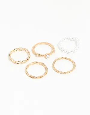 Gold Pearl & Twist Ring 5-Pack