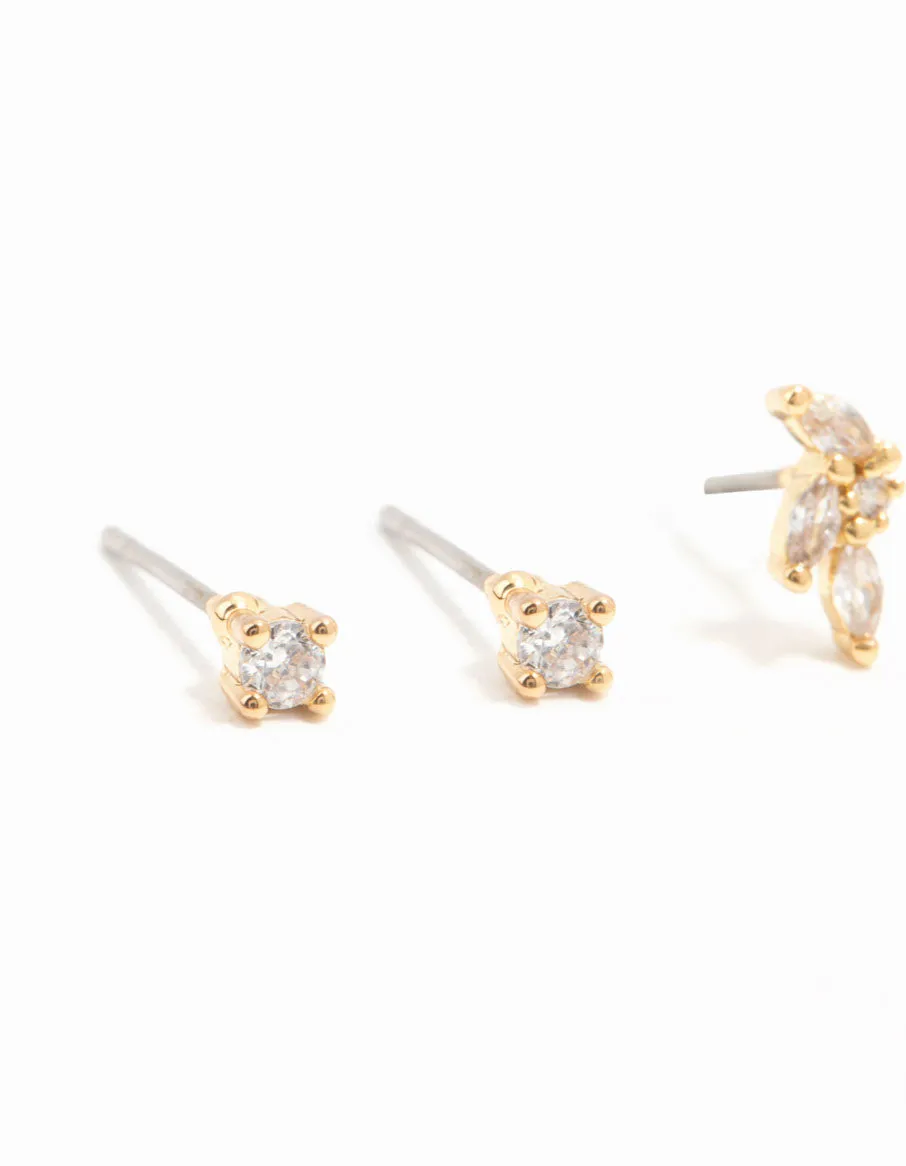 Gold Plated Brass Cubic Zirconia Flower Earrings 4-Pack