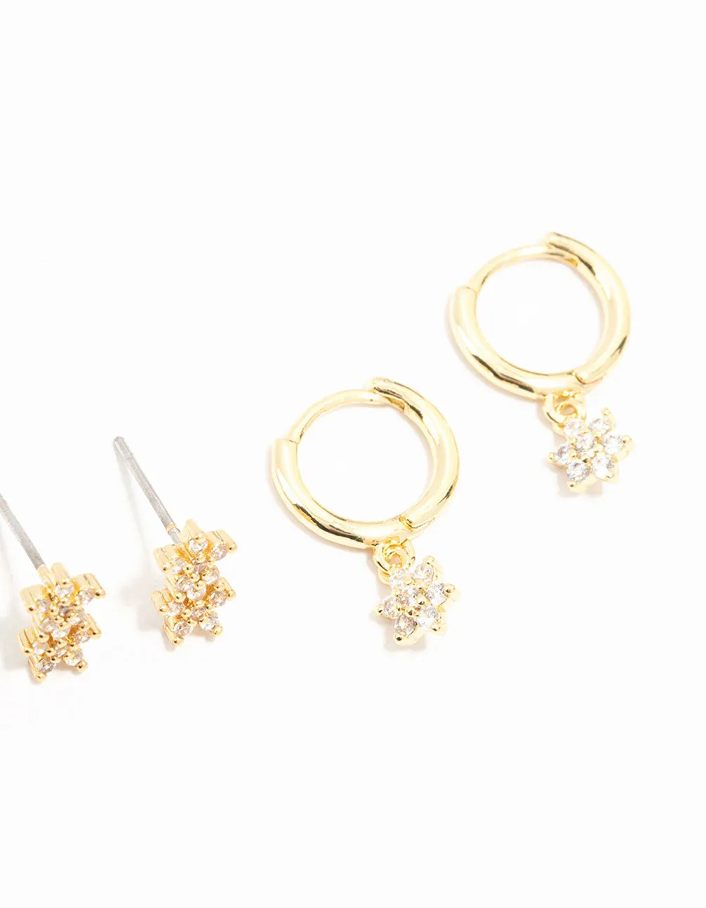 Gold Plated Brass Cubic Zirconia Flower Earrings 4-Pack