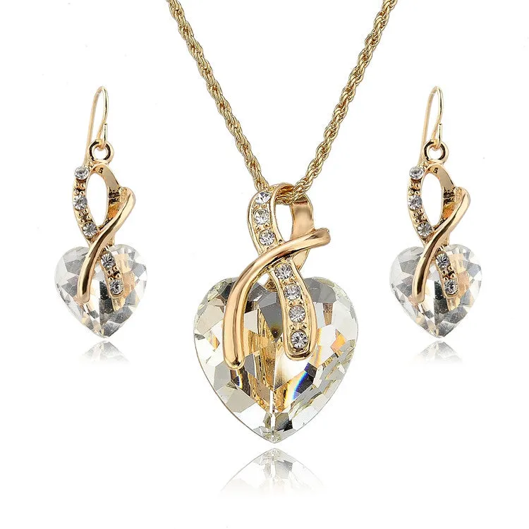 Gold Plated Jewelry Sets For Women Crystal Heart Necklace Earrings Jewellery Set Bridal Wedding Accessories