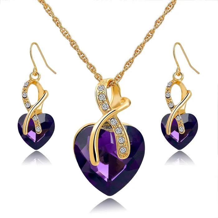 Gold Plated Jewelry Sets For Women Crystal Heart Necklace Earrings Jewellery Set Bridal Wedding Accessories