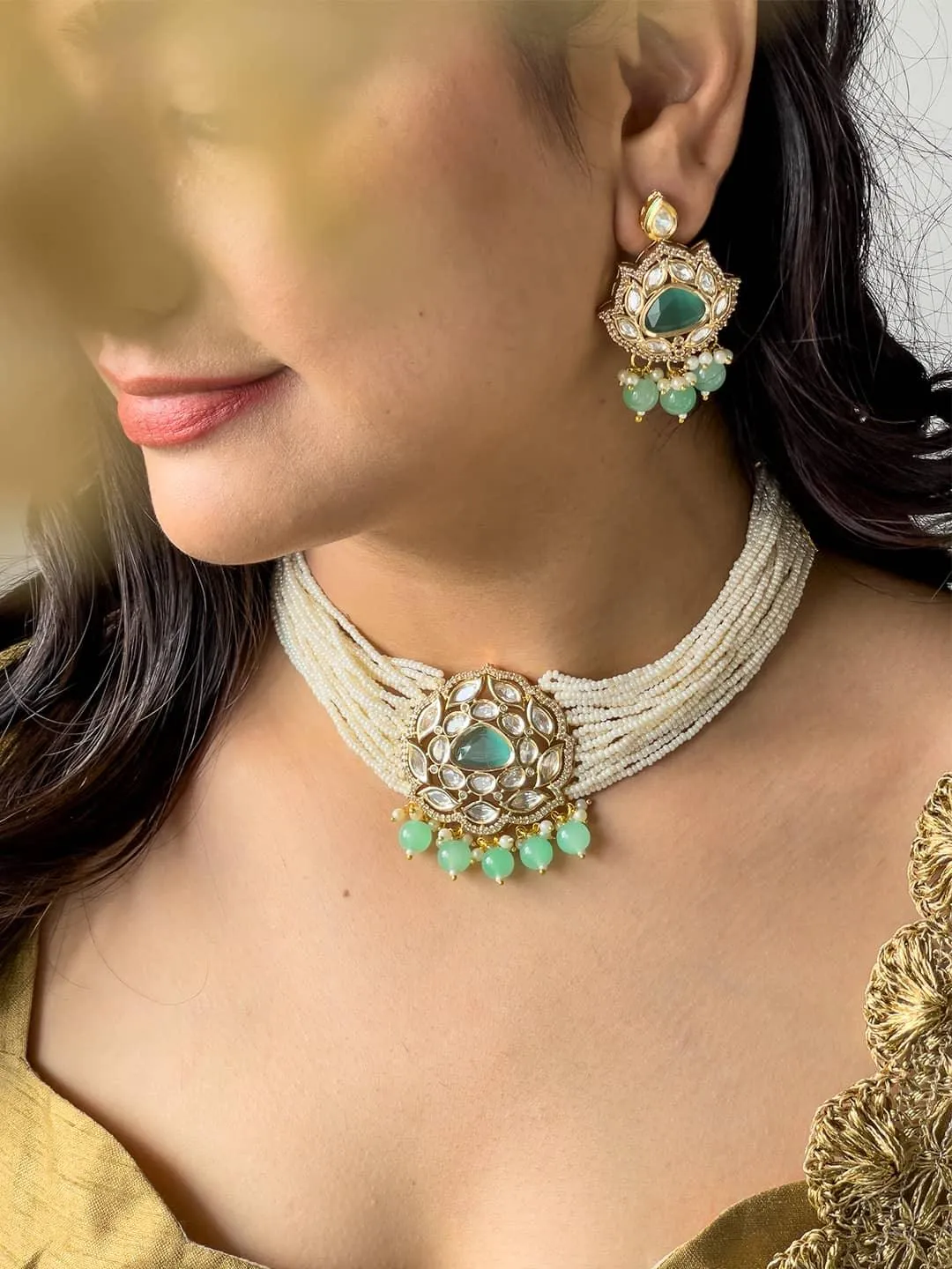 Gold Plated Kundan Stone Embellished Necklace Set