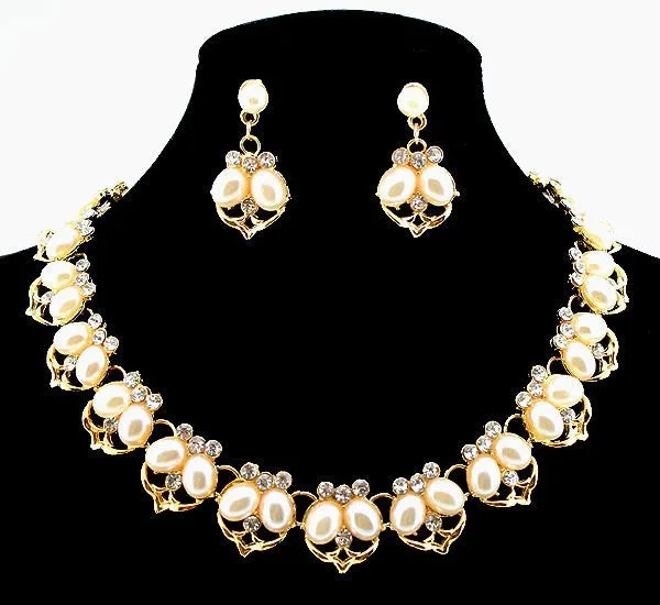 Hot Sale Imitation Pearl Necklace Set Gold Plated Clear Crystal Leaf Design Bridal Jewelry Party Gifts