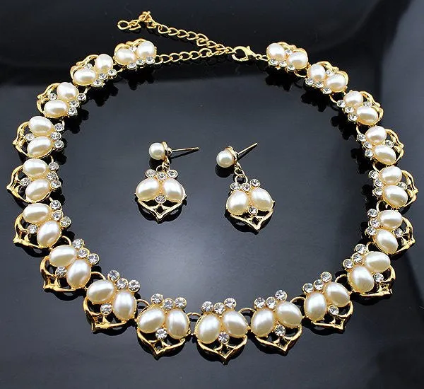 Hot Sale Imitation Pearl Necklace Set Gold Plated Clear Crystal Leaf Design Bridal Jewelry Party Gifts