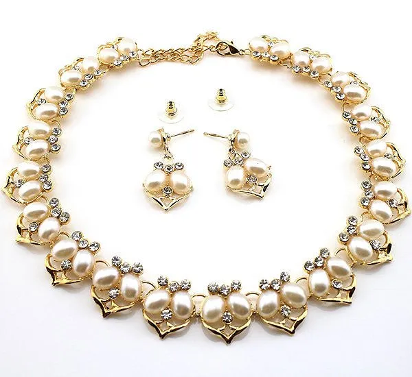 Hot Sale Imitation Pearl Necklace Set Gold Plated Clear Crystal Leaf Design Bridal Jewelry Party Gifts