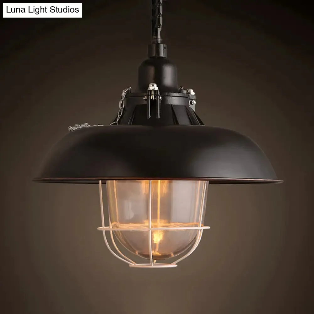 Industrial Black/Rust Metal and Glass Ceiling Light with Wire Cage - 1-Head Bowl Hanging Fixture for Restaurants