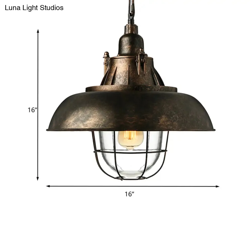 Industrial Black/Rust Metal and Glass Ceiling Light with Wire Cage - 1-Head Bowl Hanging Fixture for Restaurants