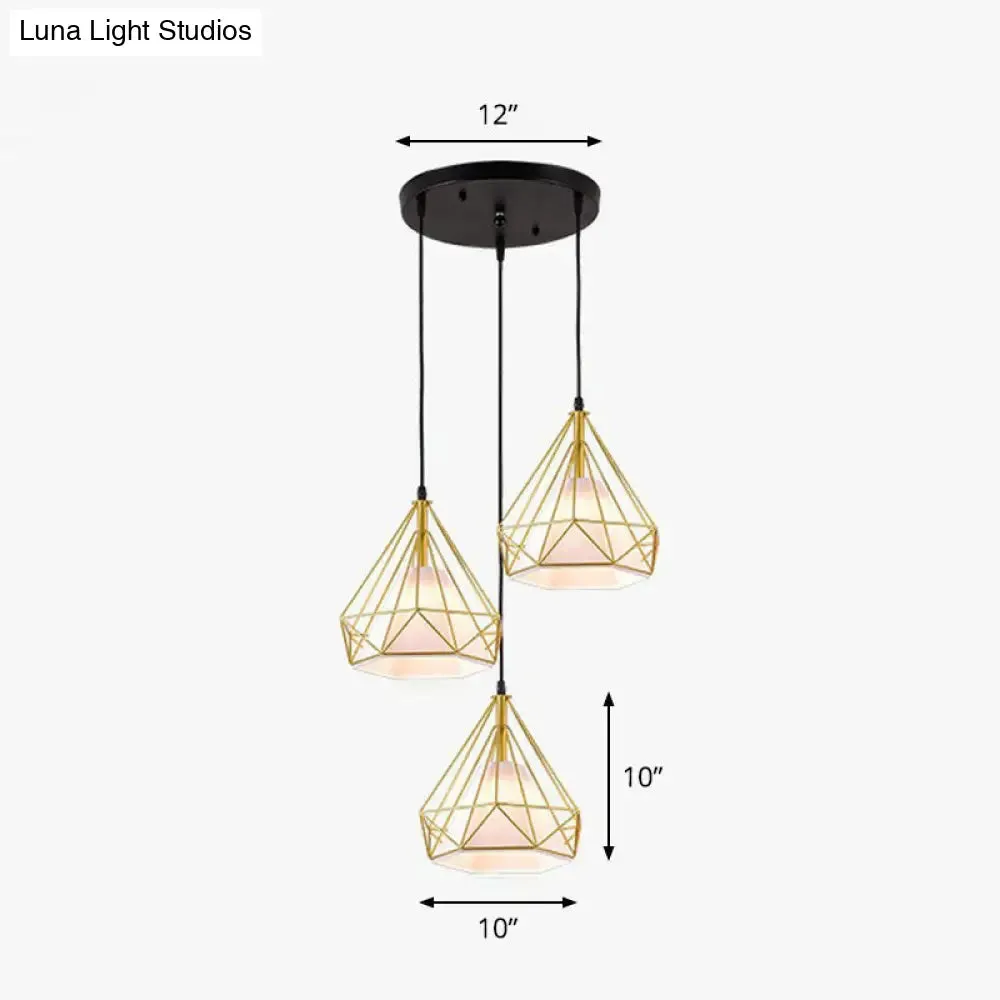 Industrial Diamond Cage Pendant Light with 3 Iron Heads - Stylish Lighting for Dining Room