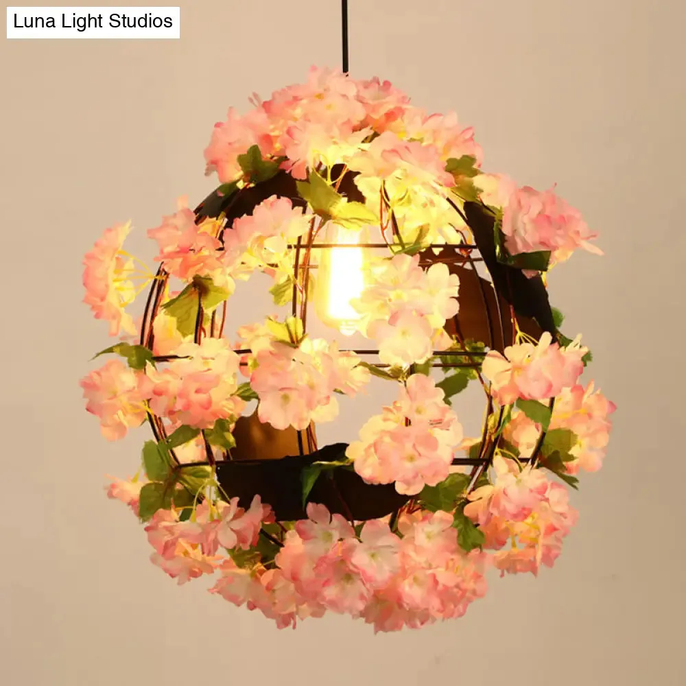 Industrial LED Drop Lamp Pendant - Metal Black Orb, 12"/16" Diameter, 1 Head, Cherry Blossom Design