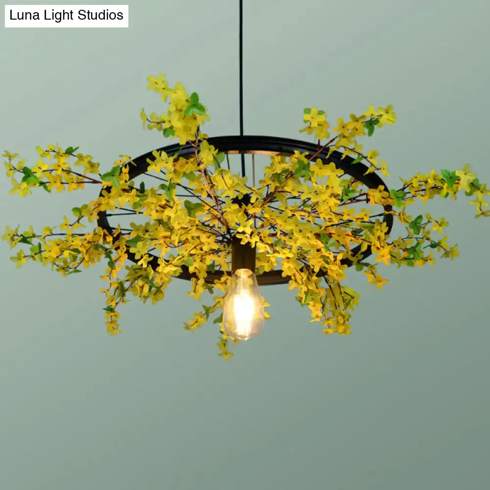 Industrial Metal Pendant Light Fixture - Wheel Restaurant Suspension with Black Finish and Artificial Plant Accent