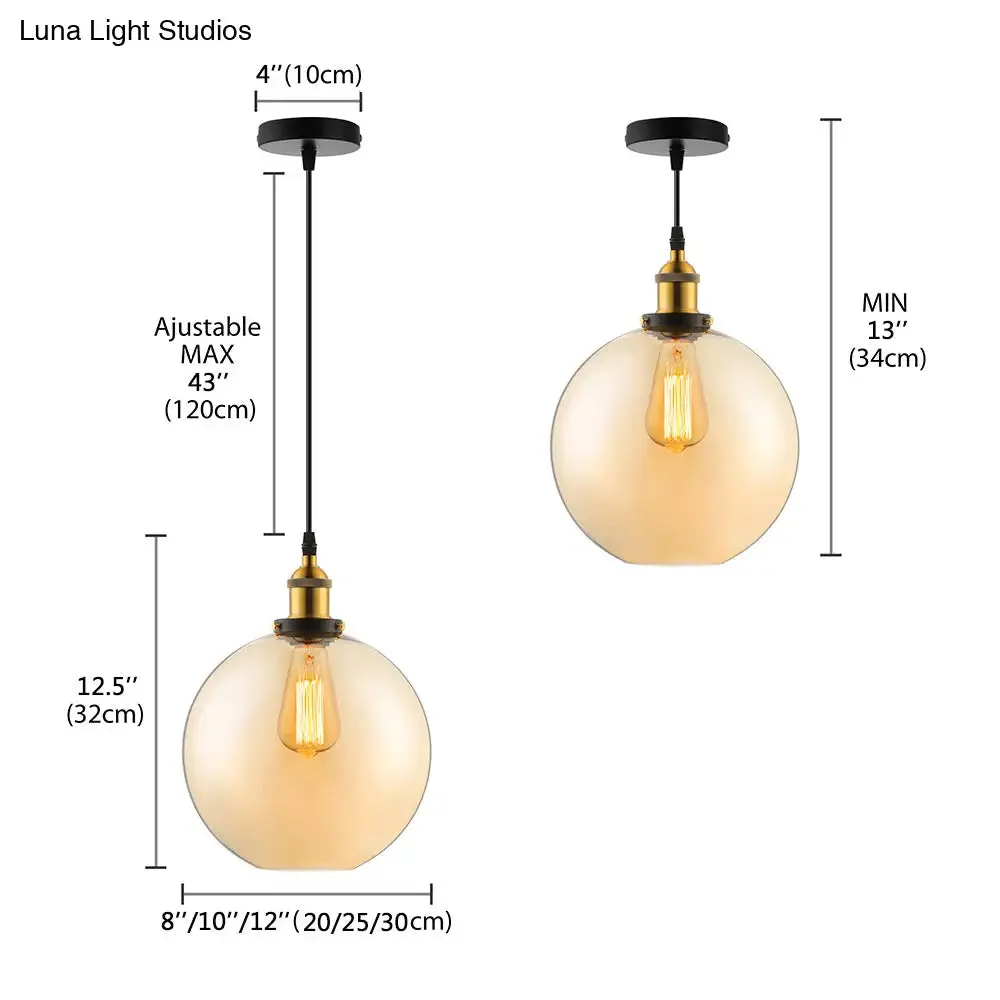 Industrial Single Light Globe Pendant - Clear Glass Hanging Lamp in Grey/Brown (8"/10"/12" Wide)