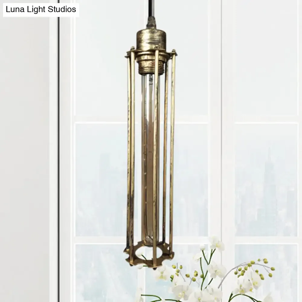 Industrial Style Metal Cage Pendant Light with Adjustable Cord - Antique Brass/Aged Silver Finish