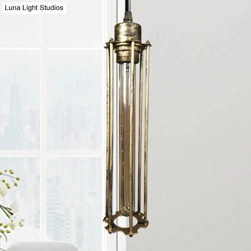 Industrial Style Metal Cage Pendant Light with Adjustable Cord - Antique Brass/Aged Silver Finish