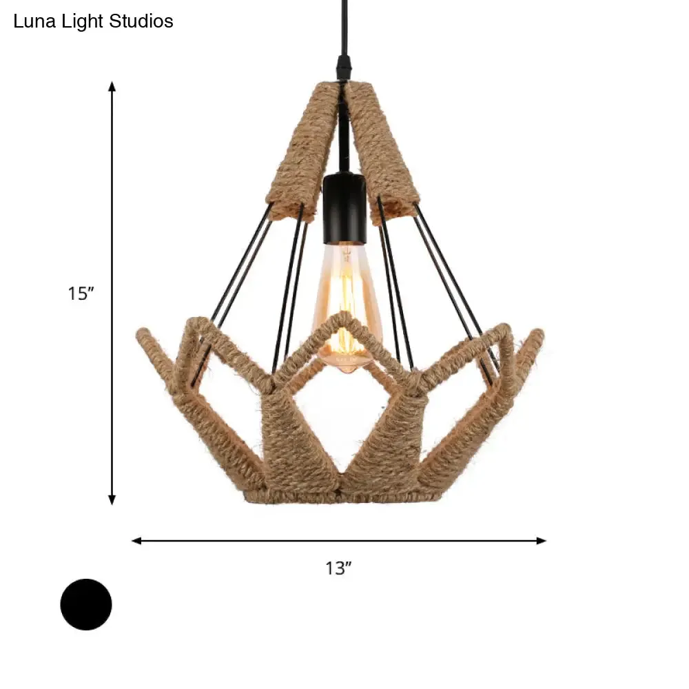 Industrial Style Pyramid Cage Pendant Lamp - Natural Rope and Metal, 1 Head, Black Hanging Light for Restaurants