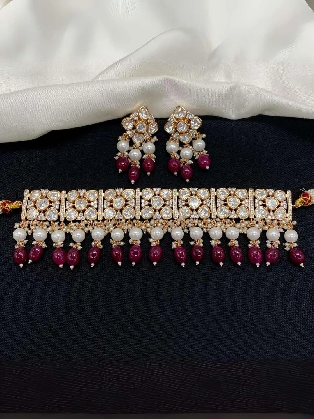 Jadau Kundan With Red Beads Chocker Necklace Set