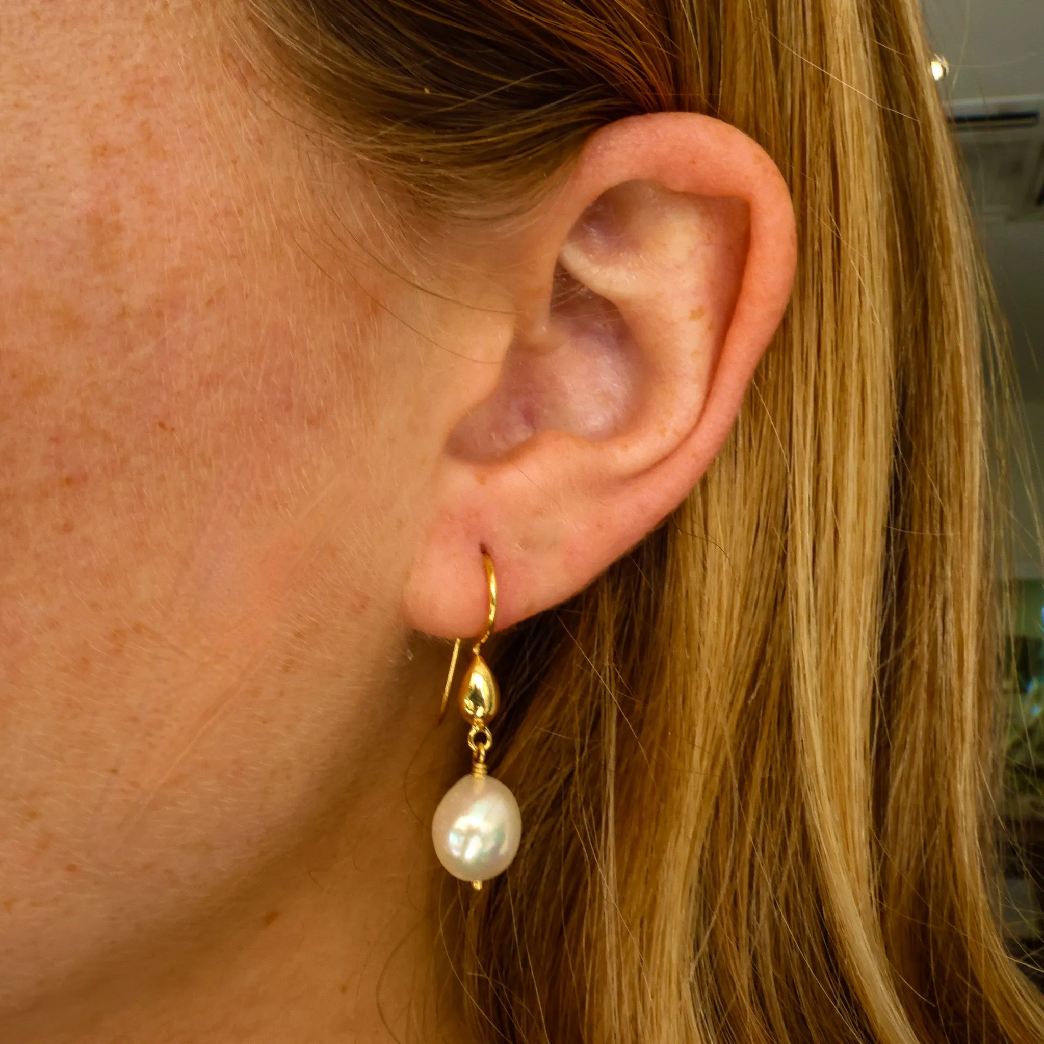 Keshi Pearl Tear Drop Hook Earrings Gold