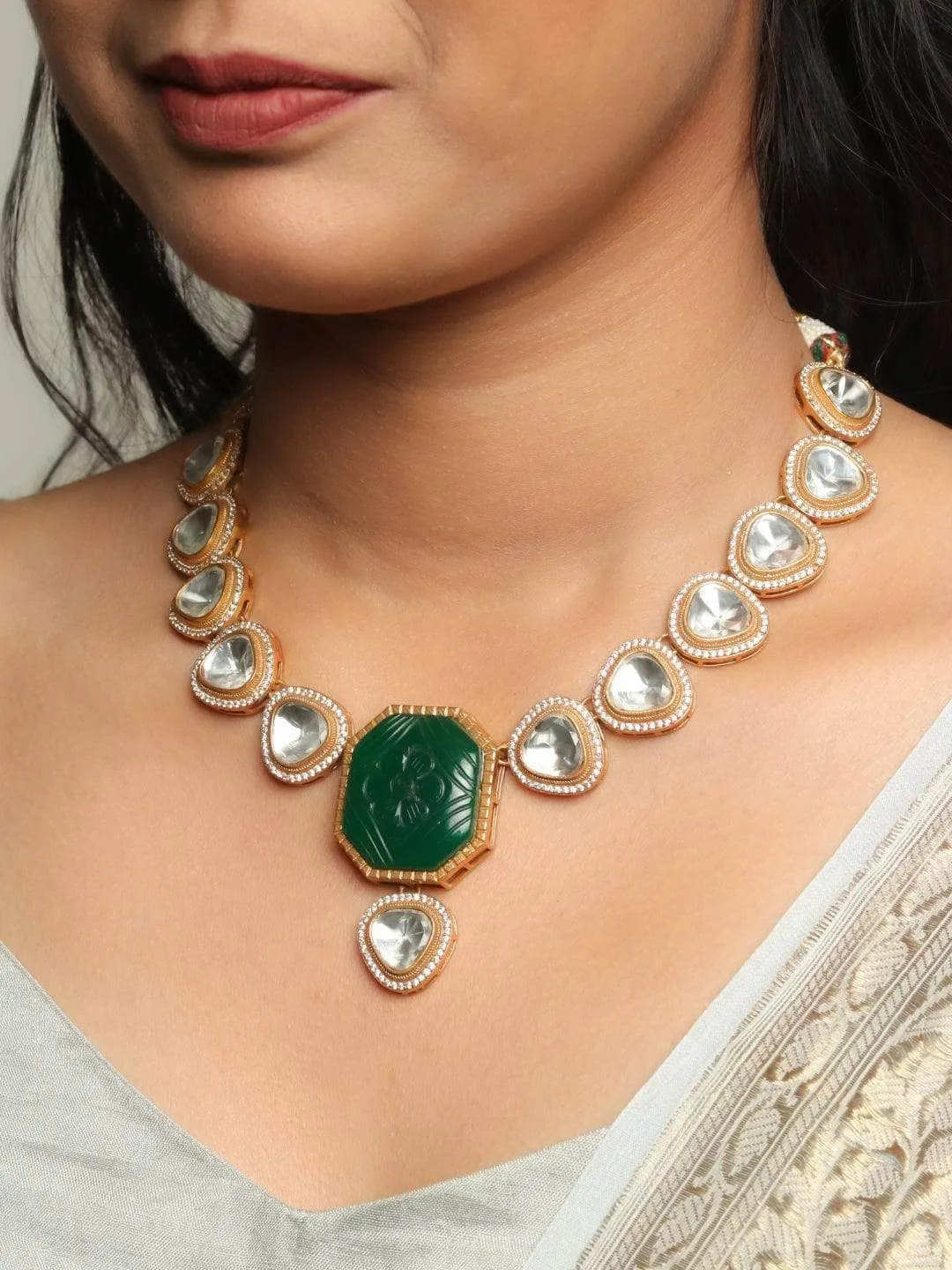 Kundan Carved Green Stone Necklace Set