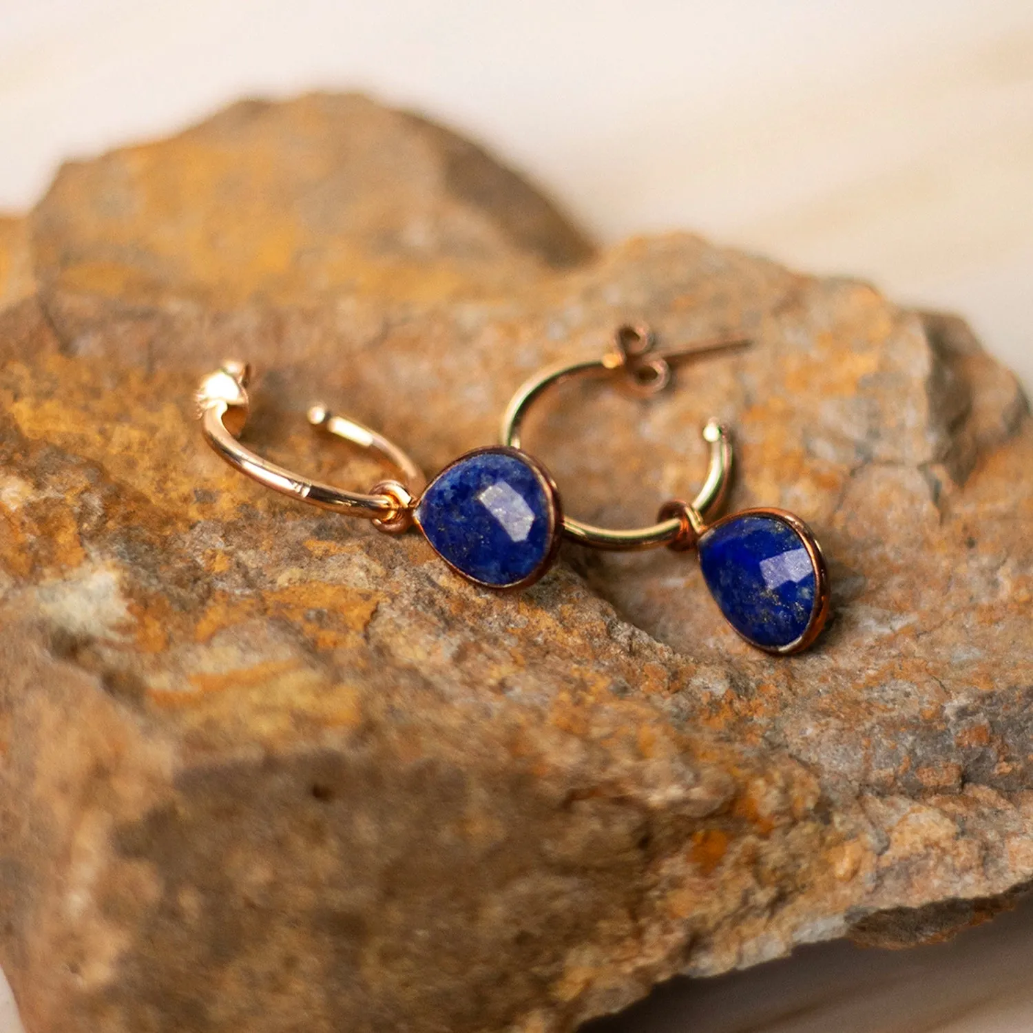 Lapis Lazuli Drop Hoop Earrings Gold September Birthstone