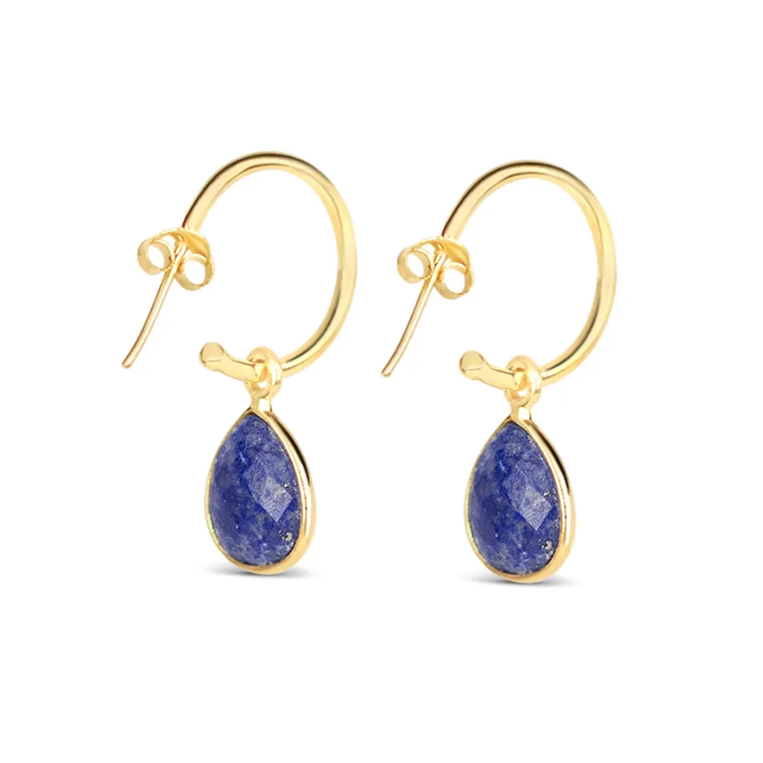 Lapis Lazuli Drop Hoop Earrings Gold September Birthstone