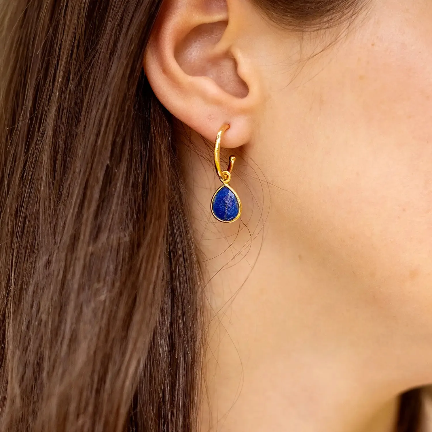 Lapis Lazuli Drop Hoop Earrings Gold September Birthstone