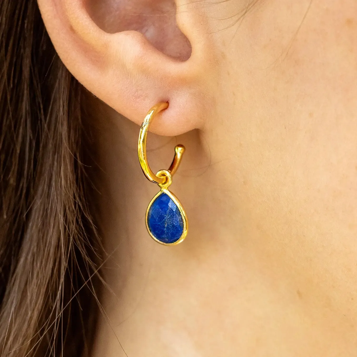 Lapis Lazuli Drop Hoop Earrings Gold September Birthstone