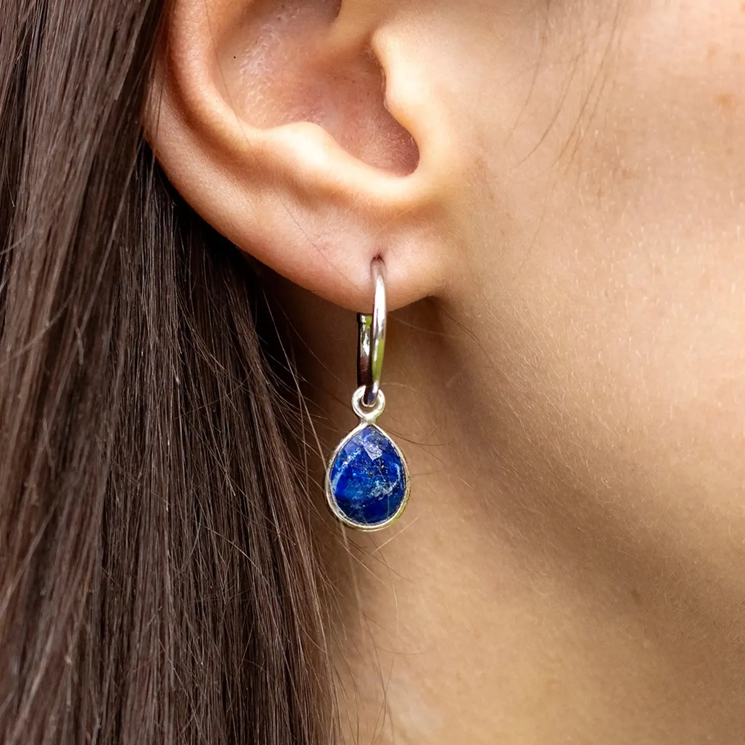 Lapis Lazuli Drop Hoop Earrings Silver September Birthstone