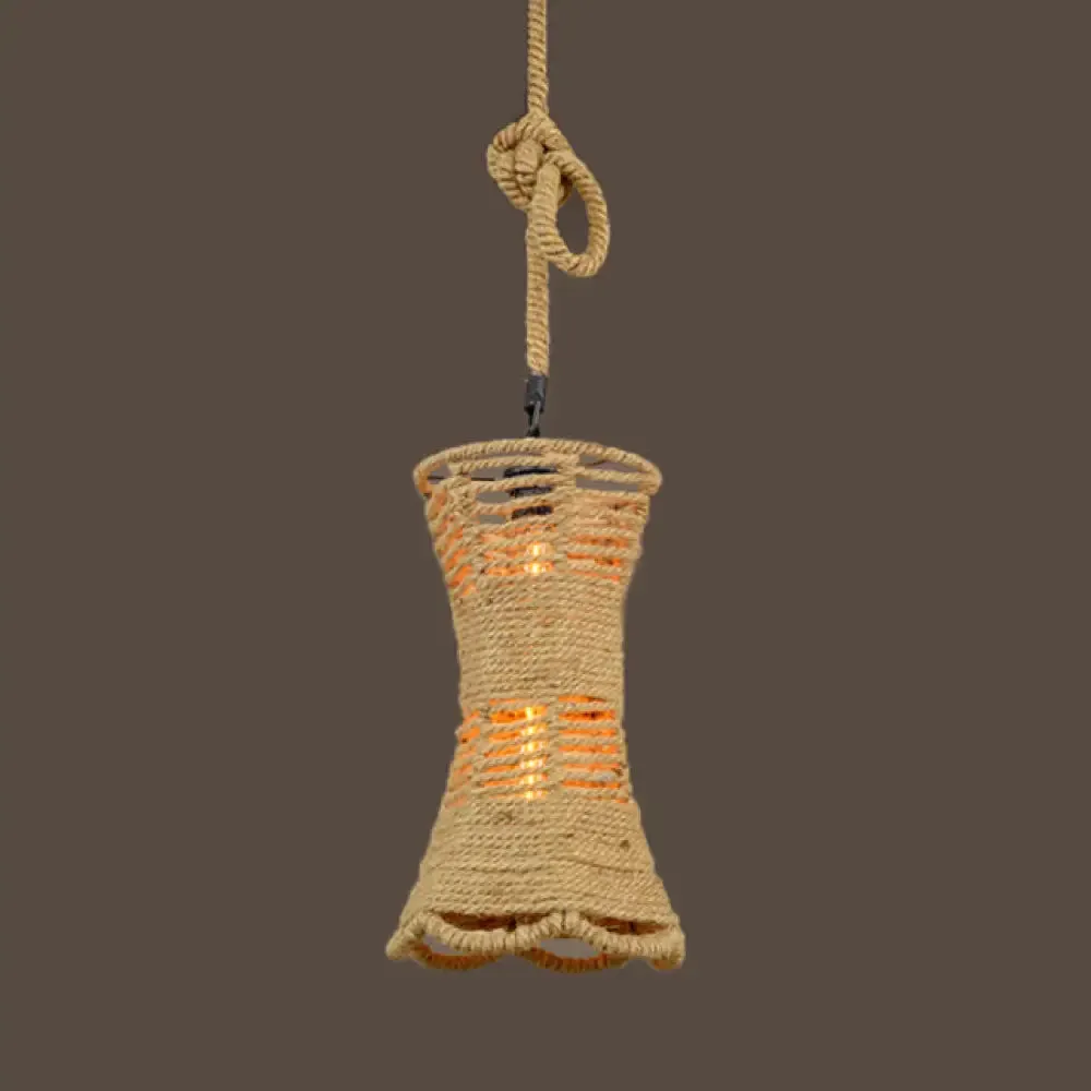 Lodge Stylish 1 Head Pendant Light - 12"/16" W - Rope Cage Shade - Hanging Fixture - Beige