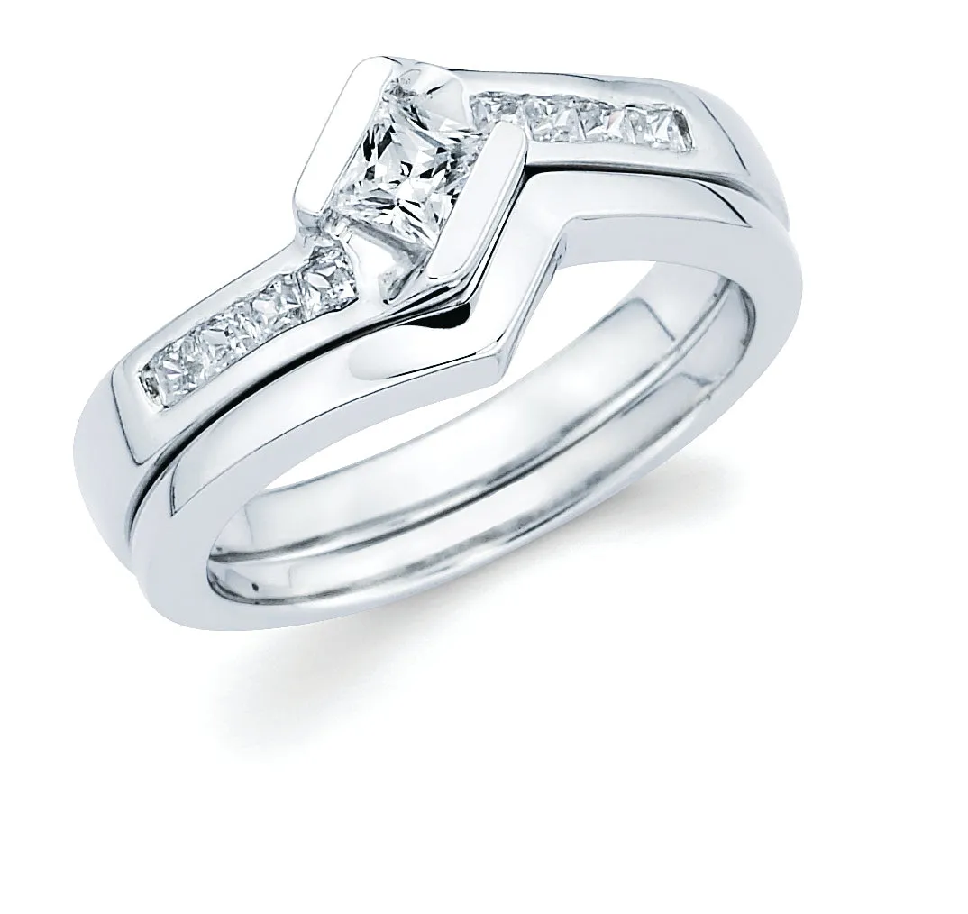 Modern Bridal: .03 Ctw. Princess Cut Diamond Semi Mount shown with 1/4 Ct. Princess Cut Center Diamond in 14K Gold