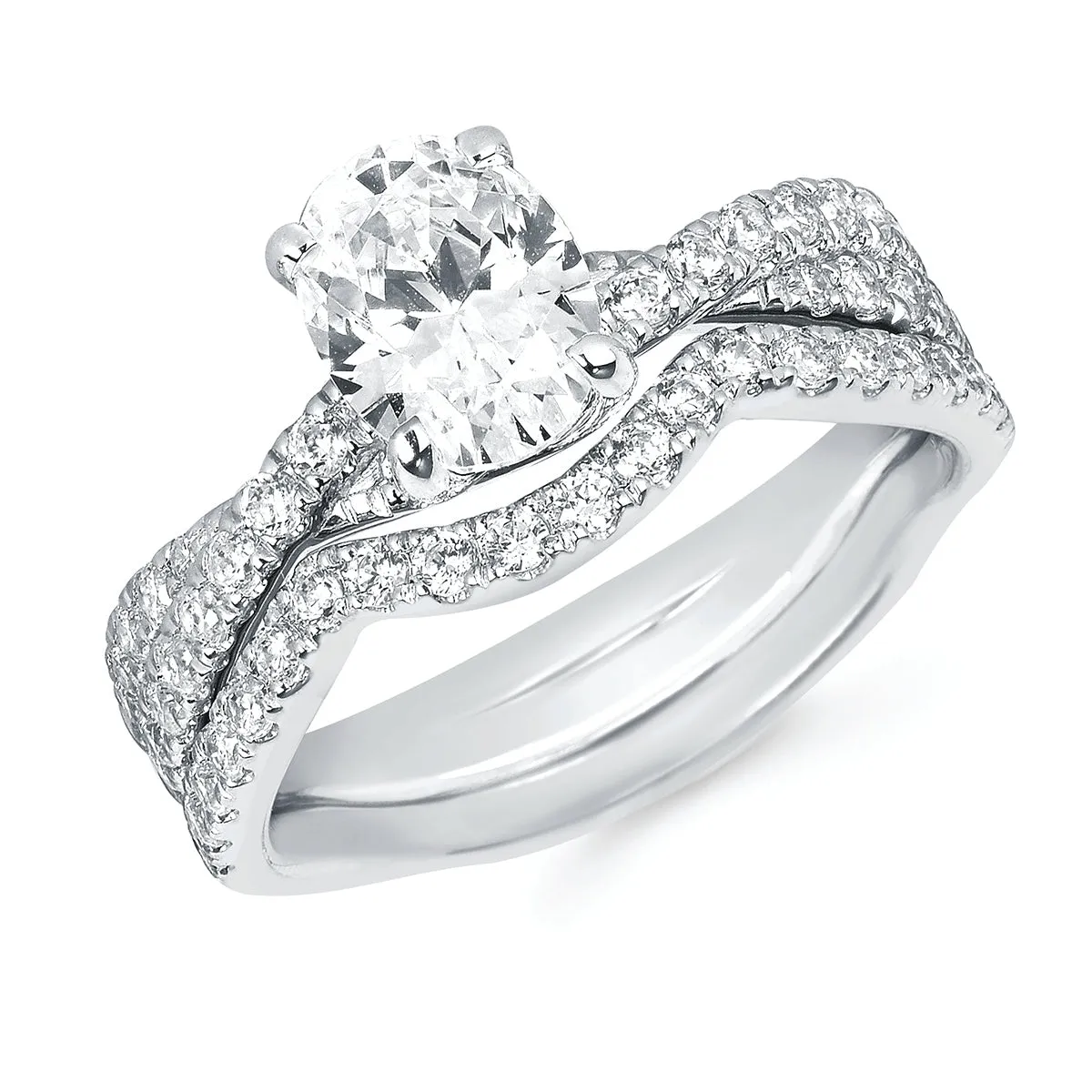 Modern Bridal: 3/8Ctw. Diamond Semi Mount shown with 1Ct. Oval Center Diamond in 14K Gold