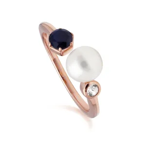 Moderne Perle, Saphir & Topas Offen Ring in Rose Vergoldetem Sterling Silber